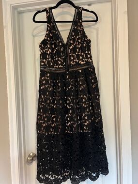Just Me black lace dress with open detail and slip